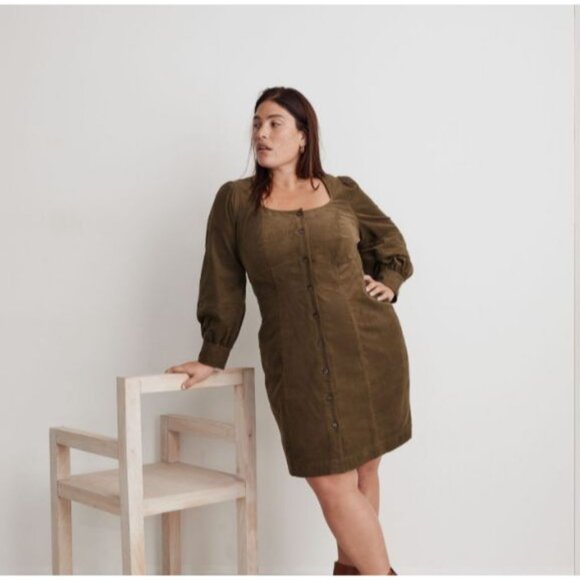 NWT Madewell Plus Green Kale Corduroy Button-Down Mini Dress Size 22W Long Sleev - Picture 2 of 11